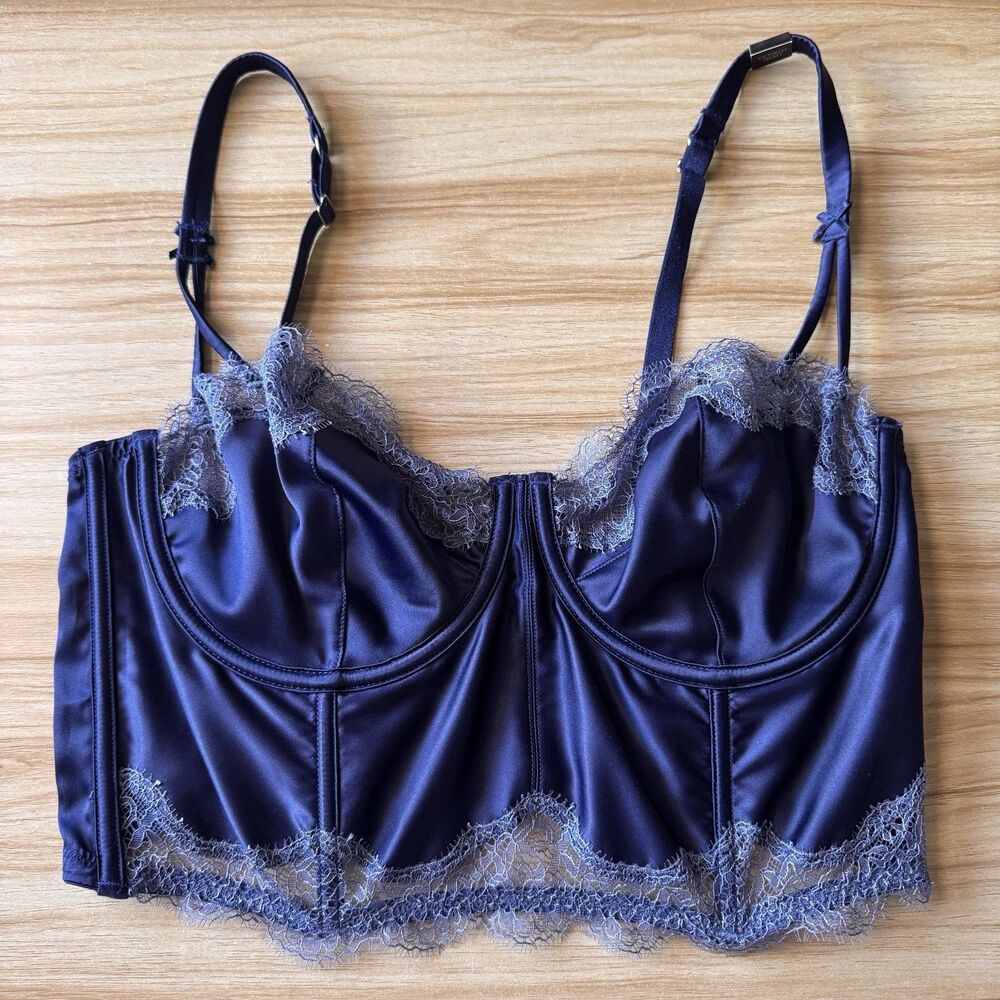 NWOT Victoria's Secret Bra 36D Navy Blue Satin Dream Angels Unlined Balconet